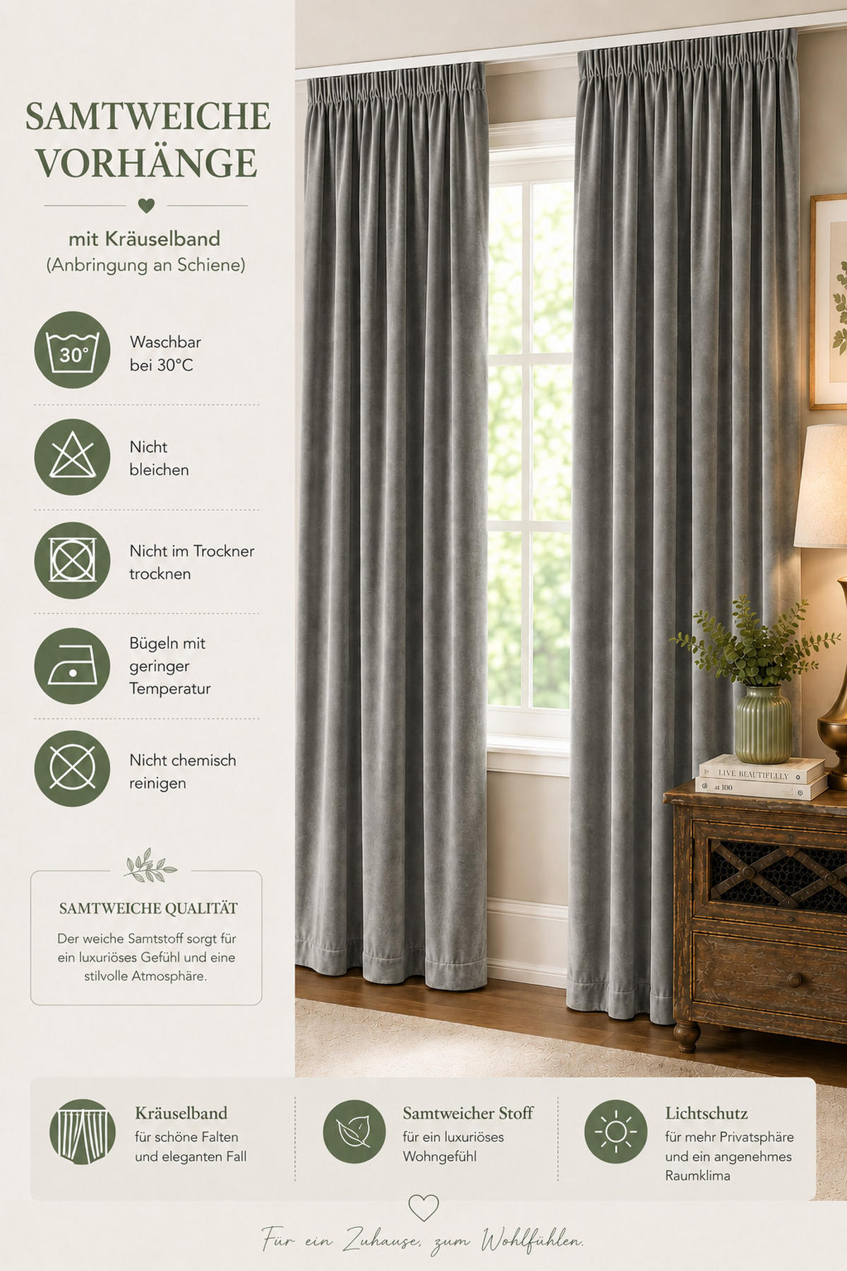 VORHANG Kräuselband Samt 140/145 cm taupe - Taupe, Textil (140/145cm) - TiborTex