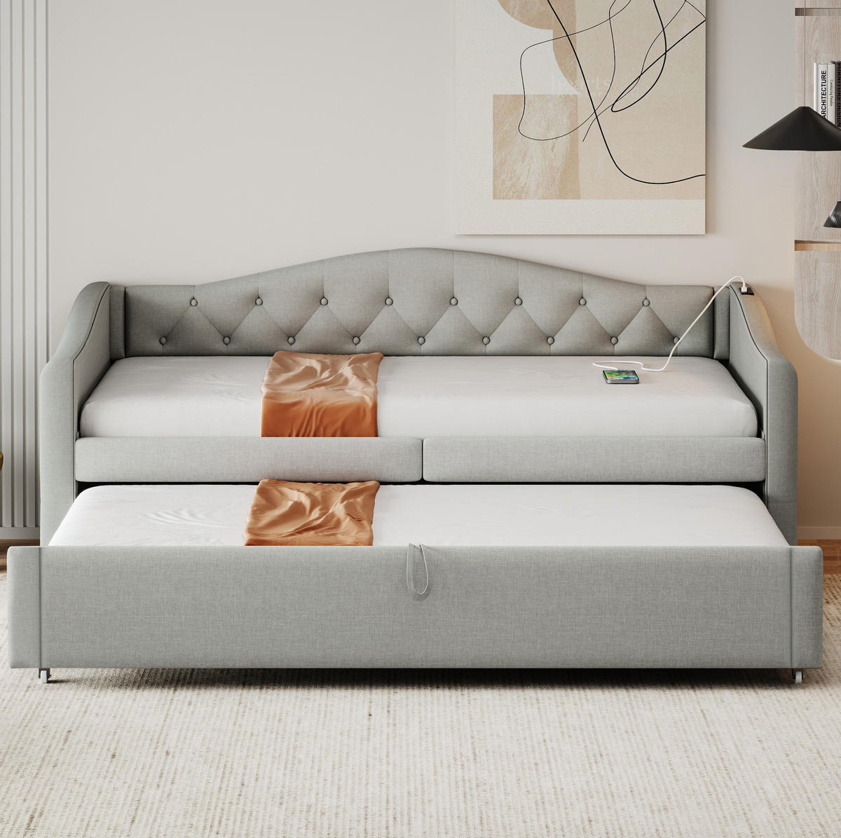 POLSTERBETT 90/200 cm mit USB-Anschluss und Lattenrost in Grau - Grau, Textil (90/200cm) - BEAOK