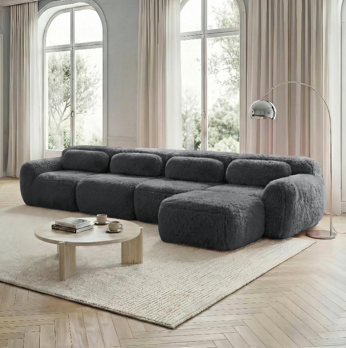 ECKSOFA 378/179/73 cm grau aus Plüsch als 4-Sitzer mit modularem Ottomanen - Grau, Textil (179/378cm) - OKWISH