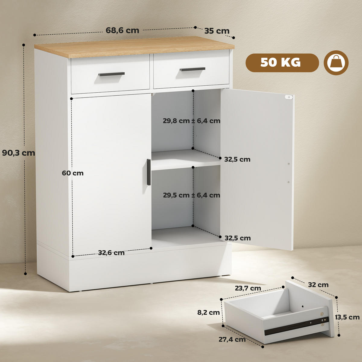 SIDEBOARD DE-08691 2 Schubladen & verstellbares Regal Weiß - Weiß, Holzwerkstoff (68.6/90.3/35cm) - ComfortXL