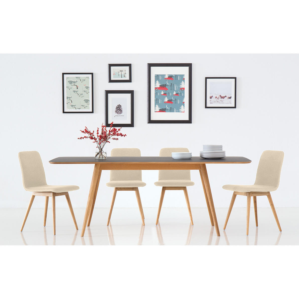 POLSTERSTUHL - Eiche massiv / Echtleder, 2er-Set - Creme, Leder (45/85/60cm) - home24