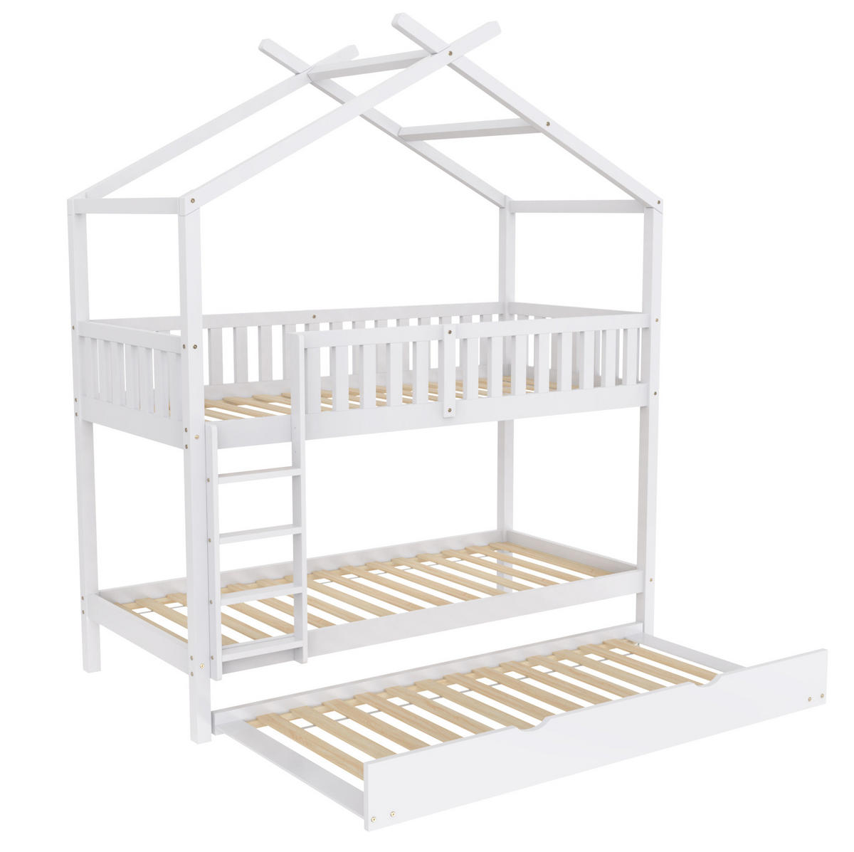ETAGENBETT mit Ausziehbett 90x200 cm Kiefernholz Weiß, 3 Schlafplätze - Weiß, Holzwerkstoff (90/200cm) - Beauniv