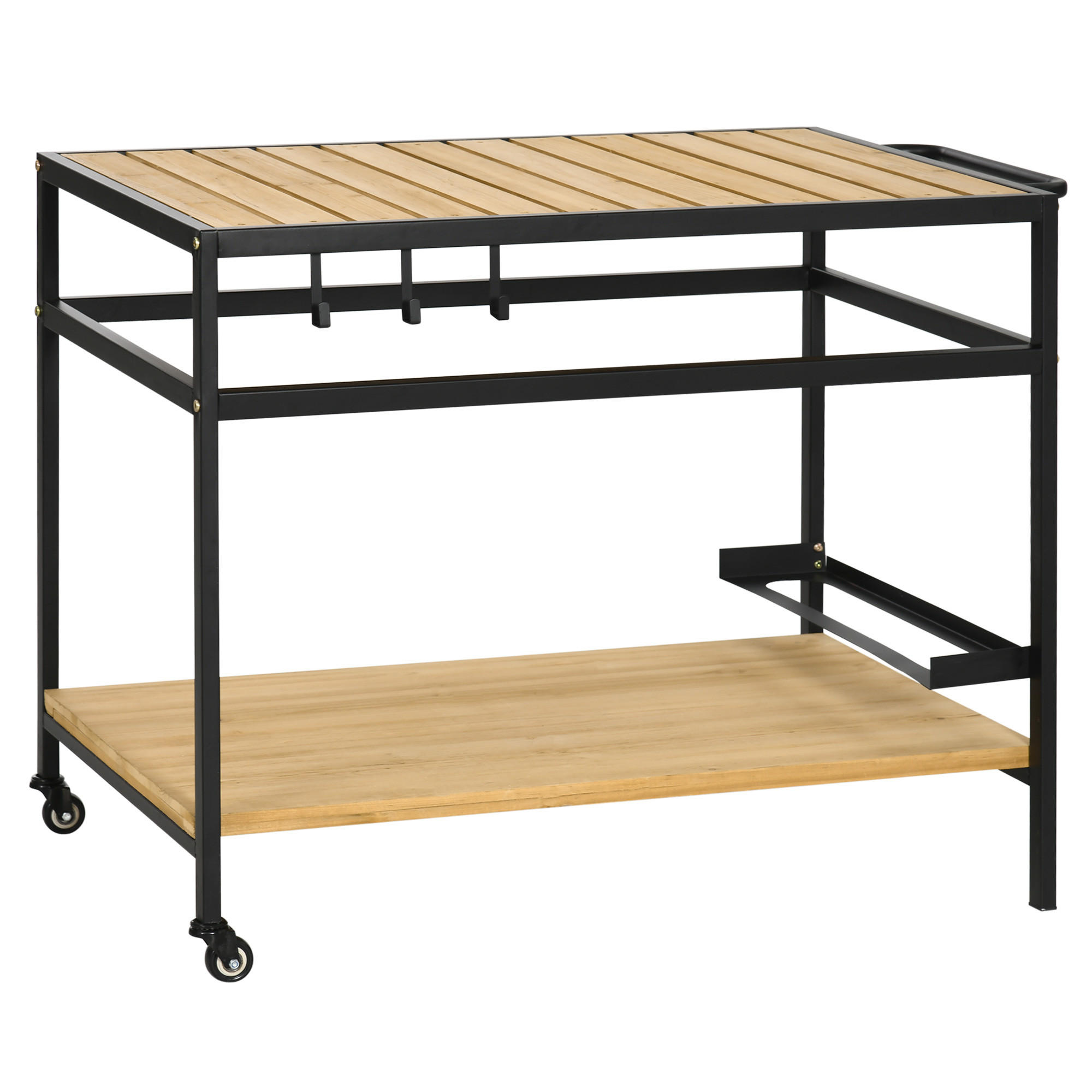 SERVIERWAGEN, Gartenrollwagen mit 2 Regalen, Haken, Rollen, Stahl, Tannenholz, Natur - Fichtefarben, Holz/Metall (65/80/107cm) - Outsunny