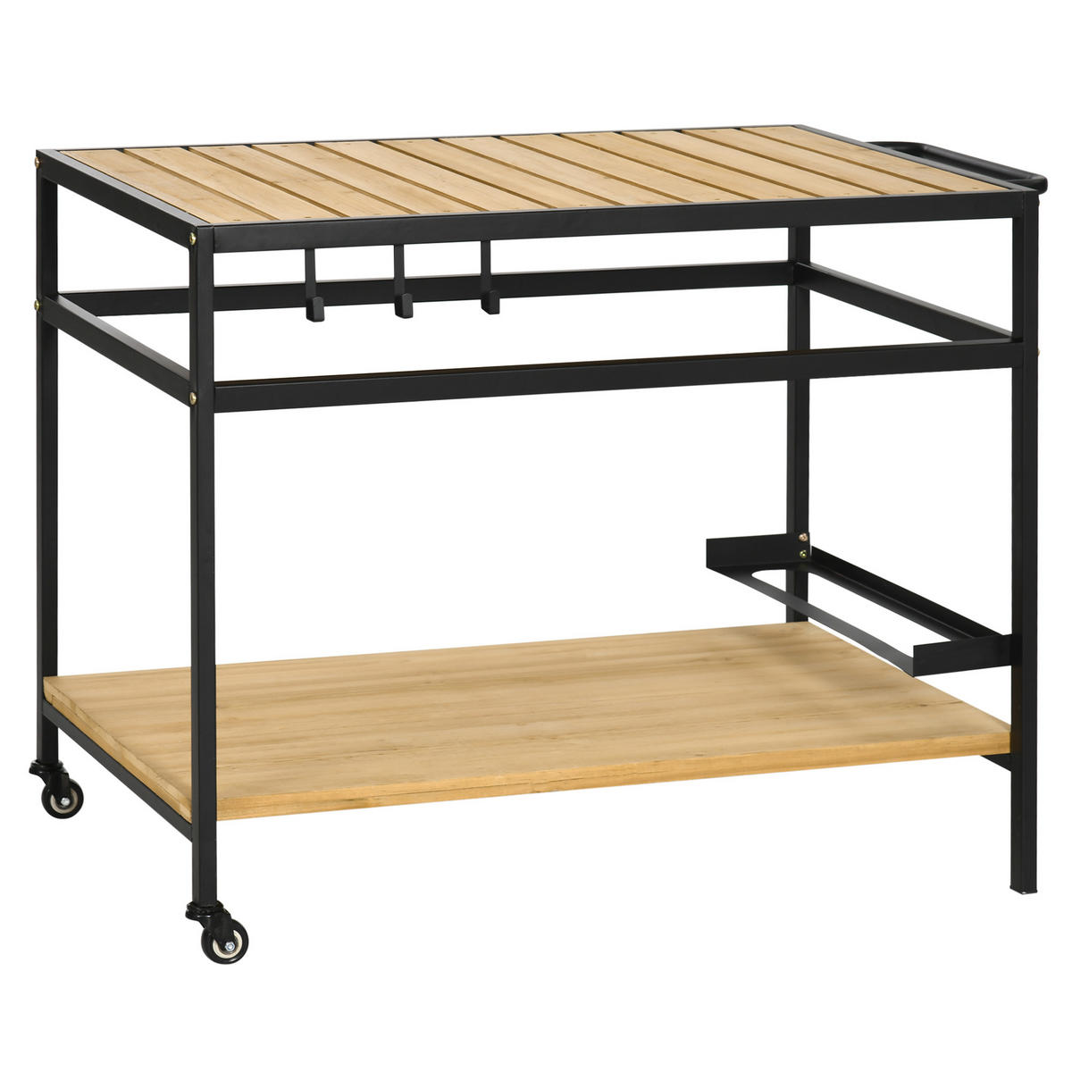 SERVIERWAGEN, Gartenrollwagen mit 2 Regalen, Haken, Rollen, Stahl, Tannenholz, Natur - Fichtefarben, Holz/Metall (65/80/107cm) - Outsunny