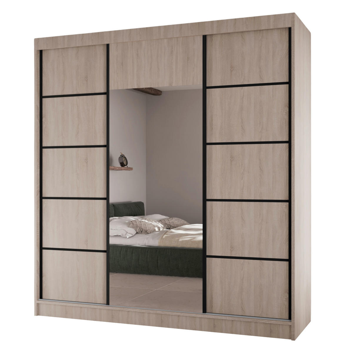 SCHWEBETÜRENSCHRANK Moni mit Spiegel und Zierleisten, 215x200x61cm, eiche Sonoma+Schwarz - Schwarz/Sonoma Eiche, Holzwerkstoff (200/215/61cm) - AN-Moebel 4u