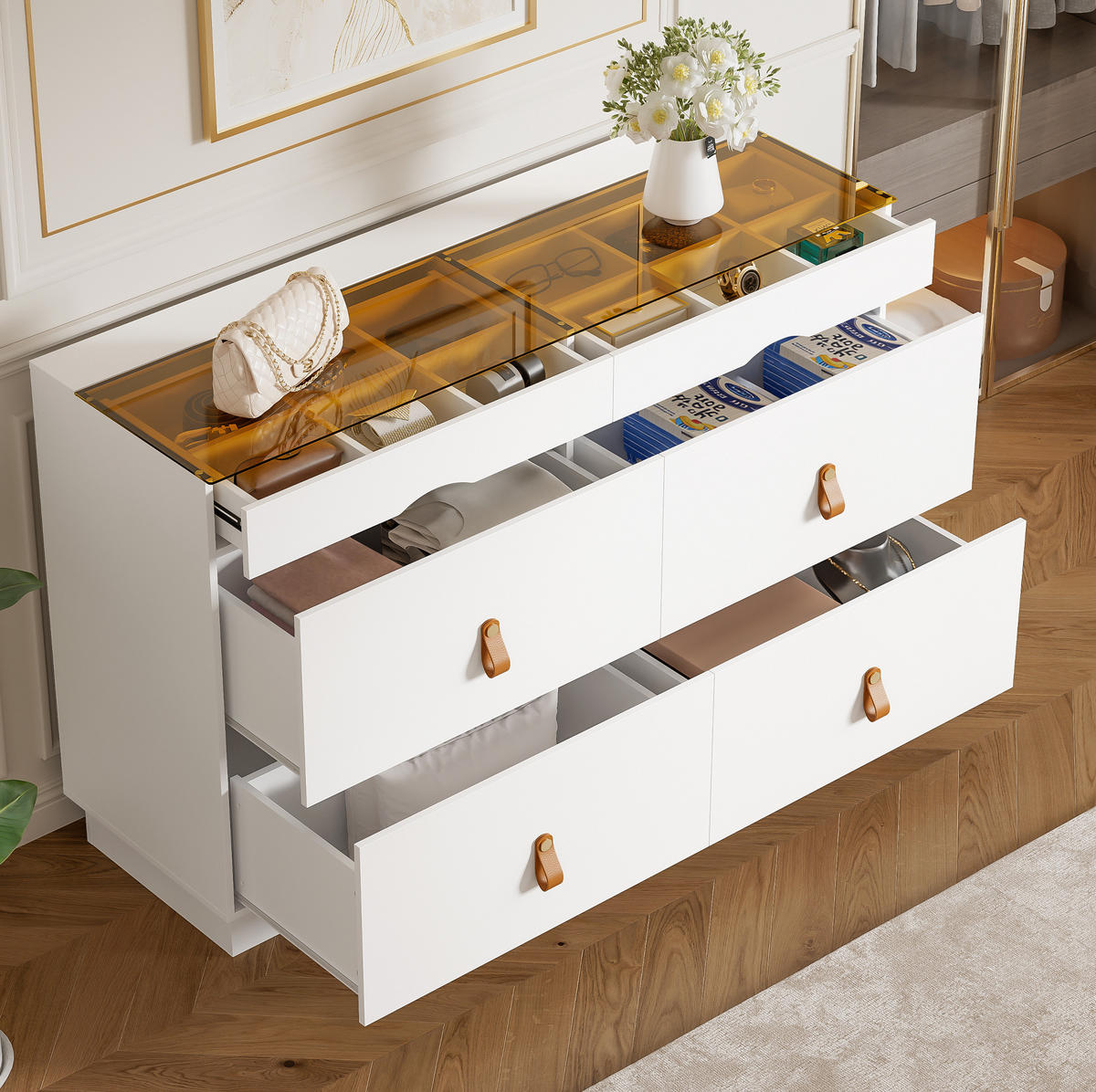 KOMODA z MDF a skla 120x40x78 cm biela so 6 zásuvkami, sklenenou doskou a členitým úložným priestorom - biela, sklo (120/78/40cm) - Modfu