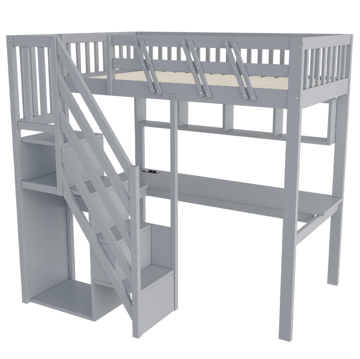 HOCHBETT Holz 90x200 cm Grau mit Schreibtisch, Stauraumtreppe, Regalen, LED und Steckdosen - Grau, Holz (90/200cm) - Modfu