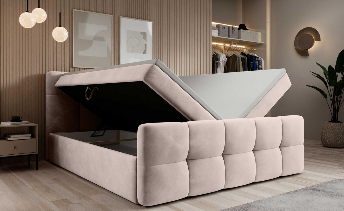 BOXBETT Modena 3 beige 180/200 cm mit Bettkasten - Beige, Textil (180/200cm) - wonello