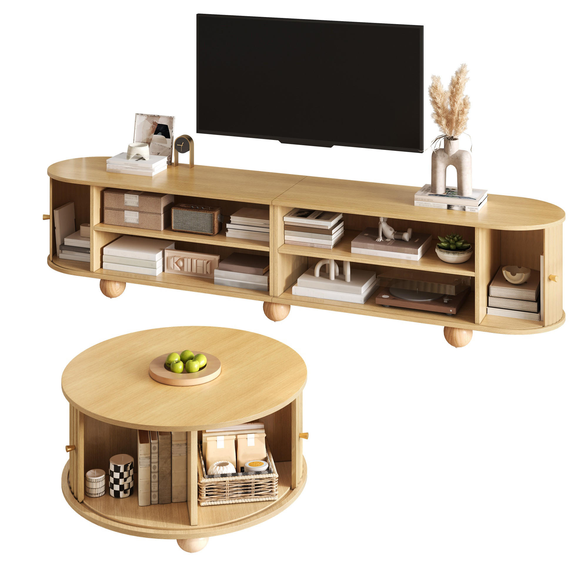 TV-ELEMENT2TLG Couchtisch und Set 180cmReliefoptik mit Schiebetüren Natur - Naturfarben, Holz (82.5/10.01/97cm) - Raelunyi