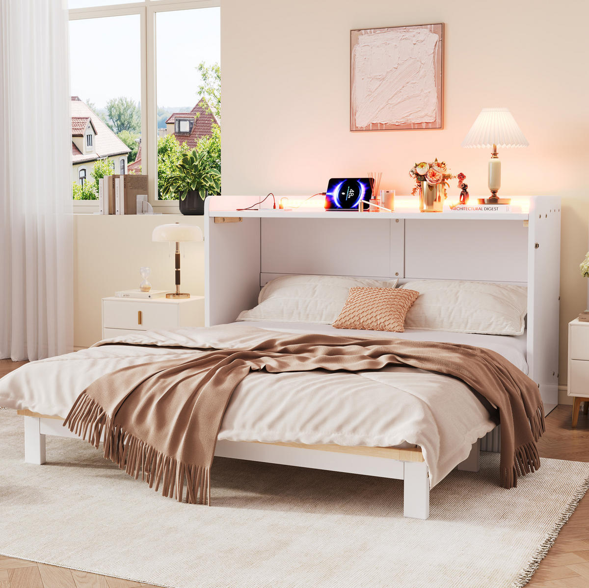 SCHRANKBETT aus MDF 140x200 cm Weiß mit USB, Steckdose, LED-Beleuchtung, Schubladen und Hochglanzfront - Weiß, Holzwerkstoff (90/200cm) - Modfu