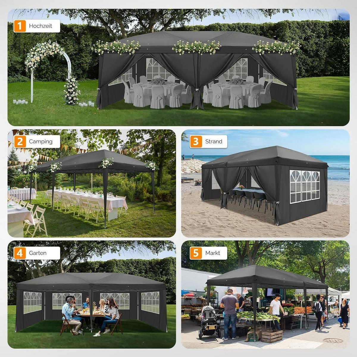 FALTPAVILLON 3 x 6 m Grau mit 6 Seitenteilen - Grau, Metall (300/268/600cm)