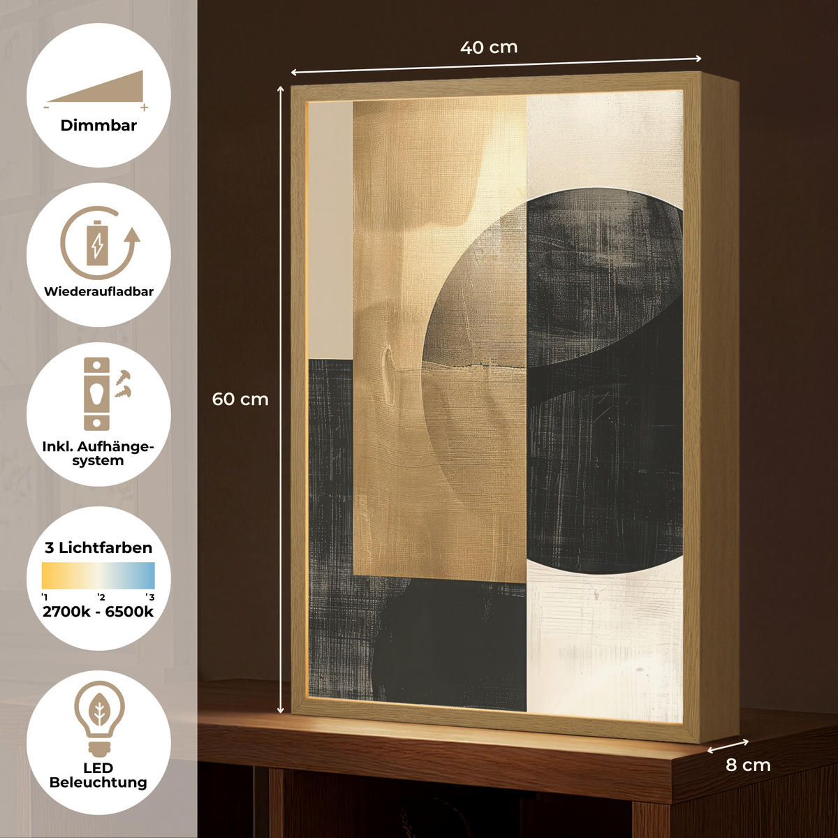 NÁSTĚNNÁ LAMPA S AKUMULÁTOREM Abstraktní - Moderní - Černá - Zlatá 40x60 cm - písková barva, kompozitní dřevo (40/60/8cm) - OnlyWow