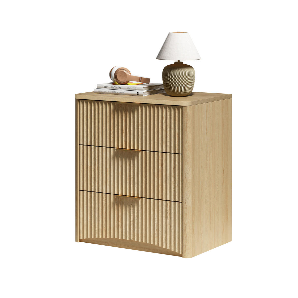 NACHTTISCH 58/38/64 cm in Eiche mit 3 Schubladen und Rillendesign - Braun, Holzwerkstoff (38/64/58cm) - Flora Grace