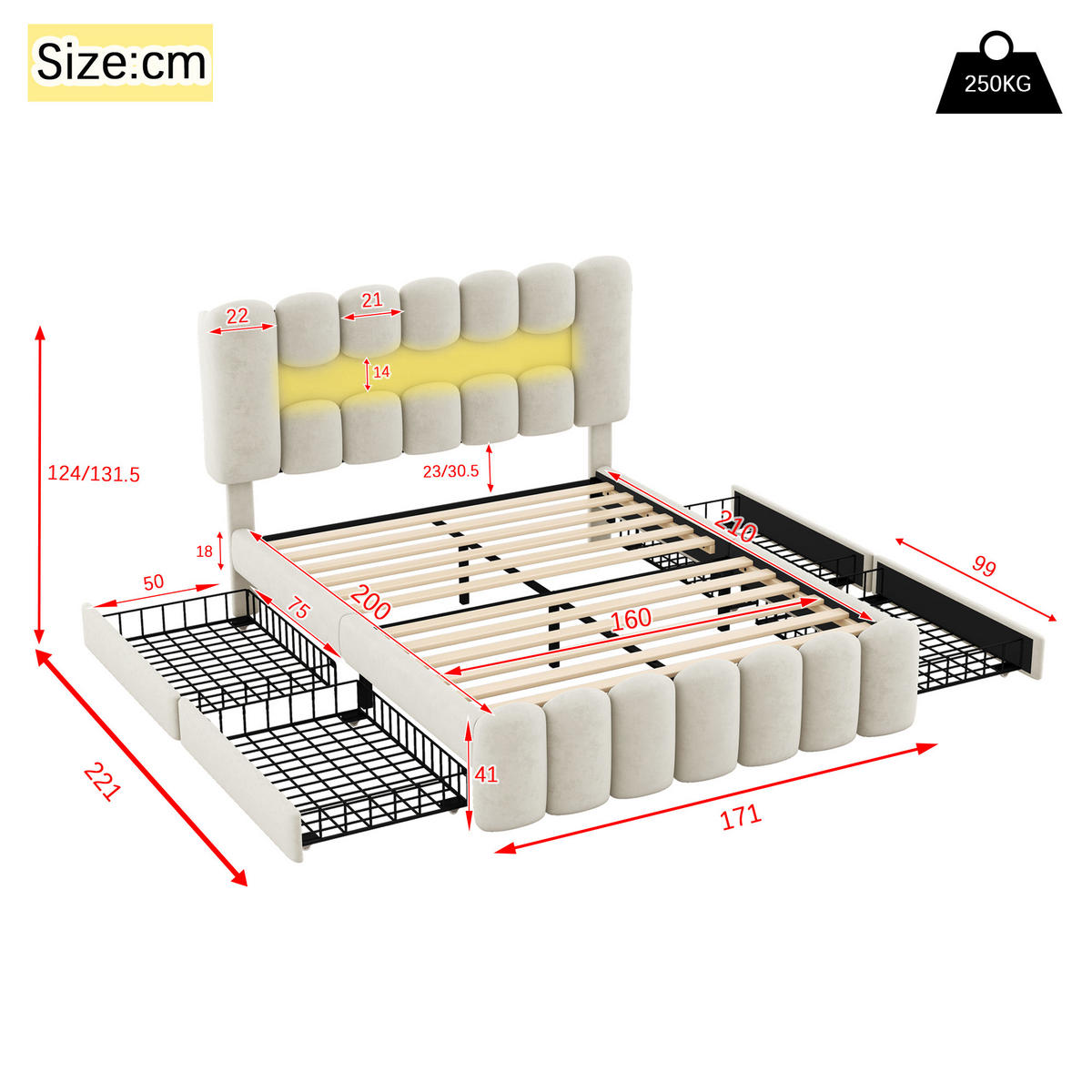 POLSTERBETT 160/200 cm Beige mit 4 Schubladen, USB und LED-Beleuchtung - Beige, Textil (160/200cm) - OKWISH