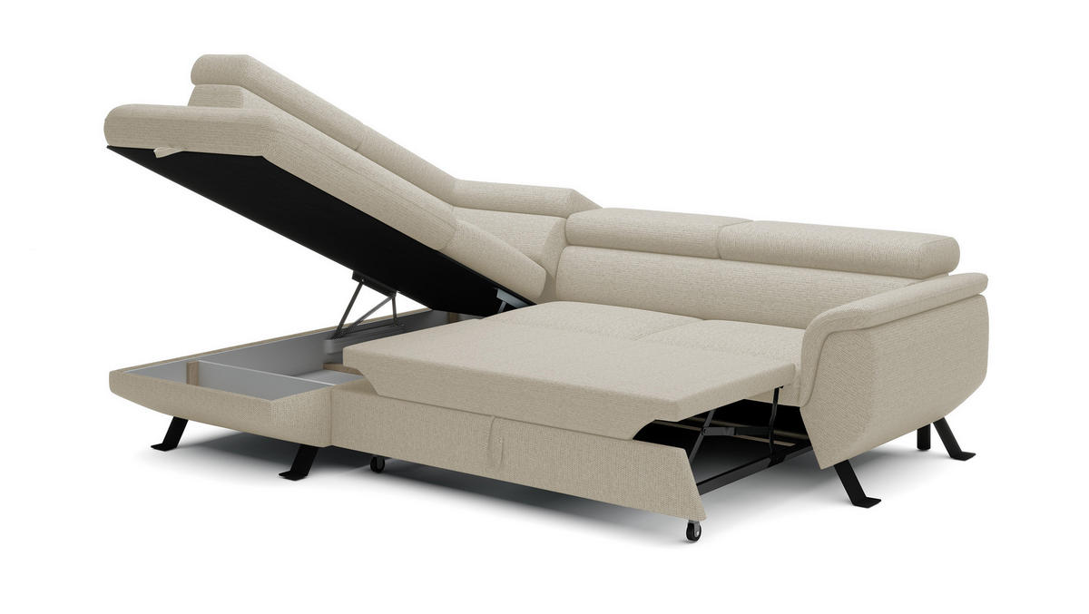 ECKSOFA RAVEN L mit Schlaffunktion und Bettkasten, Freistehend, Polstersofa mit Verstellbaren Kopfstützen, 257x198x96 cm, Linke, Beige - Beige, Holz/Textil (198/256cm) - DomoHome
