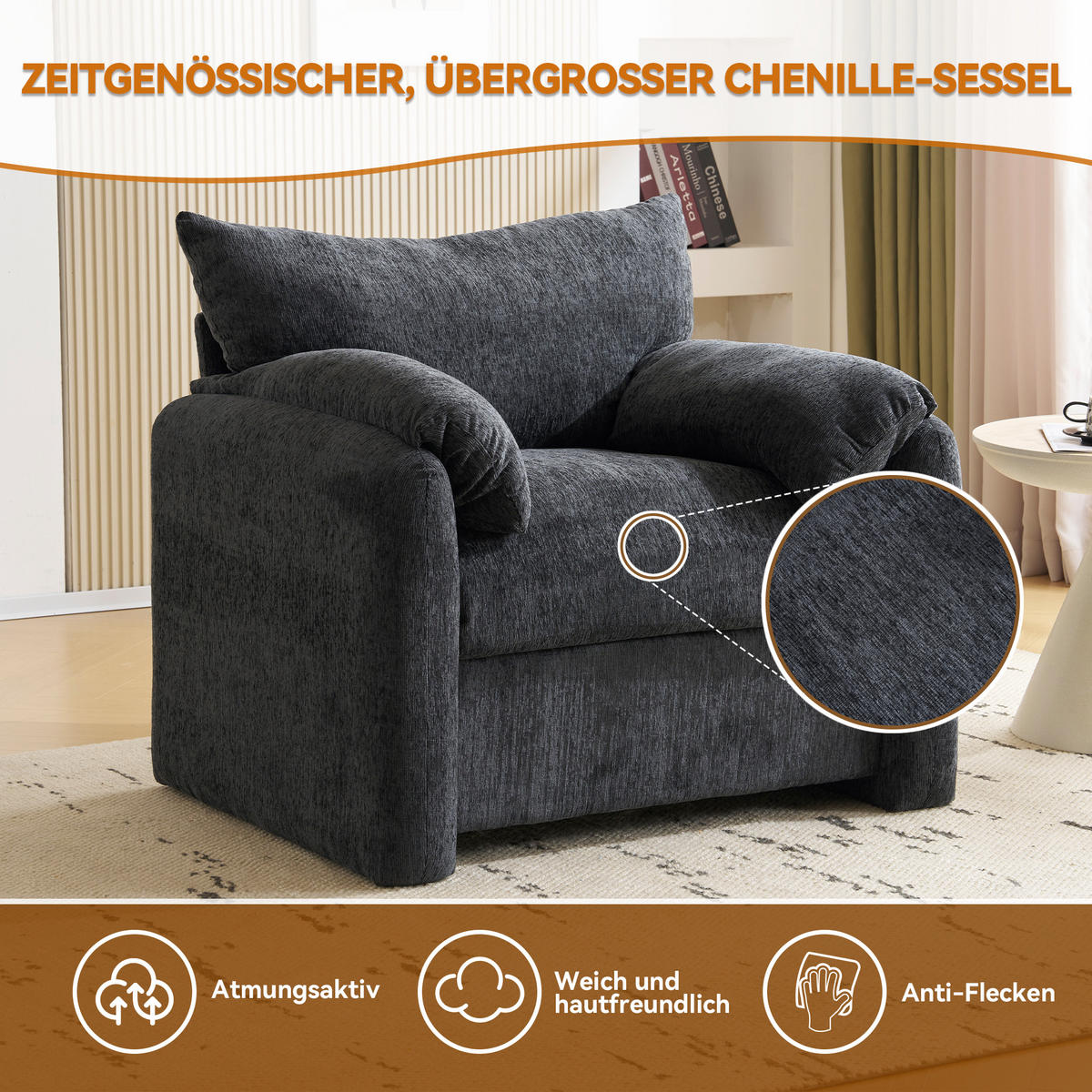 SESSEL Chenille mit breiter Sitzfläche 96/82/84 cm Grau - Grau, Textil (82/84/96cm) - Redom