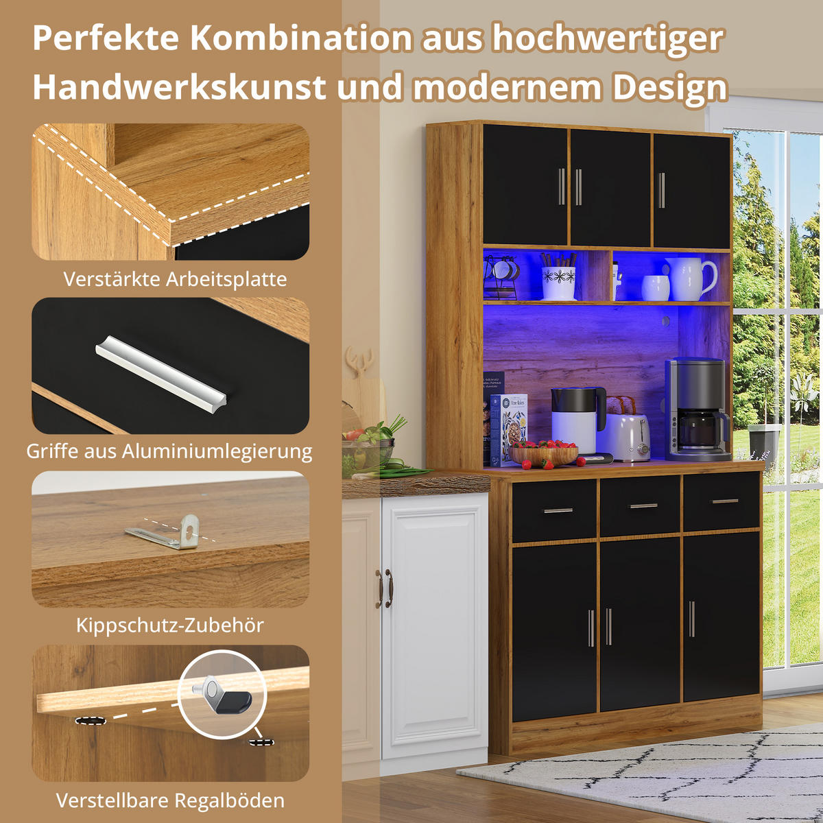 KÜCHENBUFFET in Schwarz und Naturfarbe Küchenschrank mit LED und Schubladen für Küchen und Esszimmer, B100/T40/H180 cm - Schwarz, Holzwerkstoff (100/180/40cm) - STILVORA