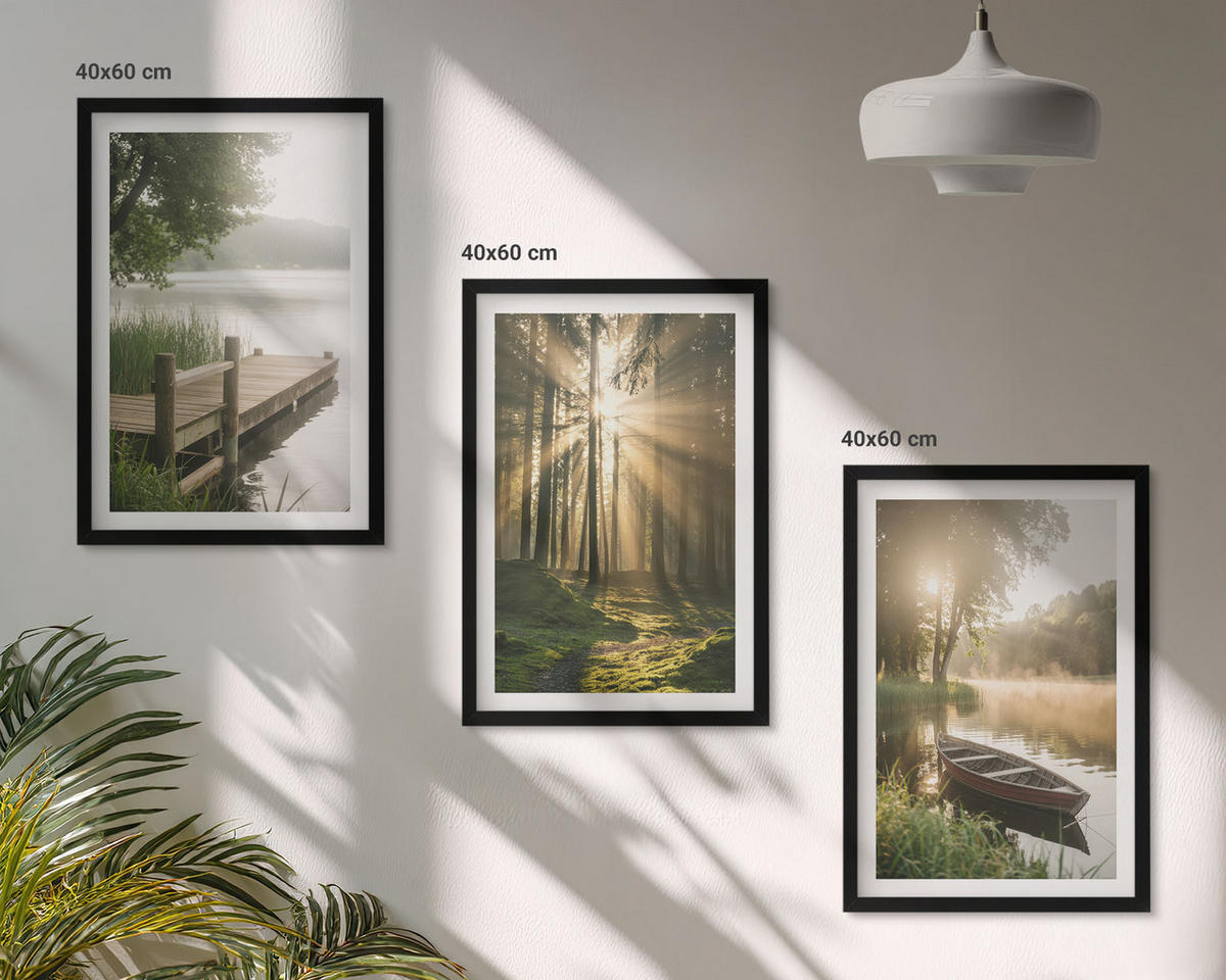 BILDER SET 3er Set - 40x60 cm Schwarzer Rahmen - See, Wald, Boot, Morgennebel - Schwarz, Kunststoff (40/60cm) - TULUP