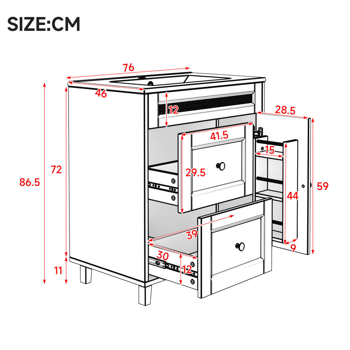 WASCHTISCHKOMBI 76/46/86,5 cm schwarz aus MDF mit Keramikbecken und Soft-Close-Türen - Schwarz, Keramik (76/86.5/46cm) - OKWISH