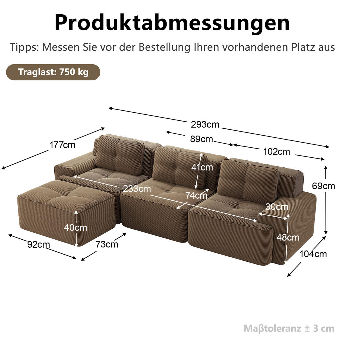 ECKSOFA DE-34113 3-Sitzer mit Ottoman Braun - Braun, Textil (177/293cm) - ComfortXL