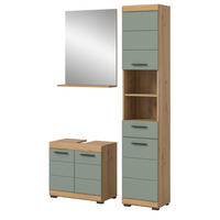 BADMÖBEL-SET Salbei grün, Eiche Artisan 3-teilig 112 cm, Komplettset mit viel Stauraum - Salbeigrün/Schwarz, Glas/Holzwerkstoff (112/191/34cm) - Inn.Furn