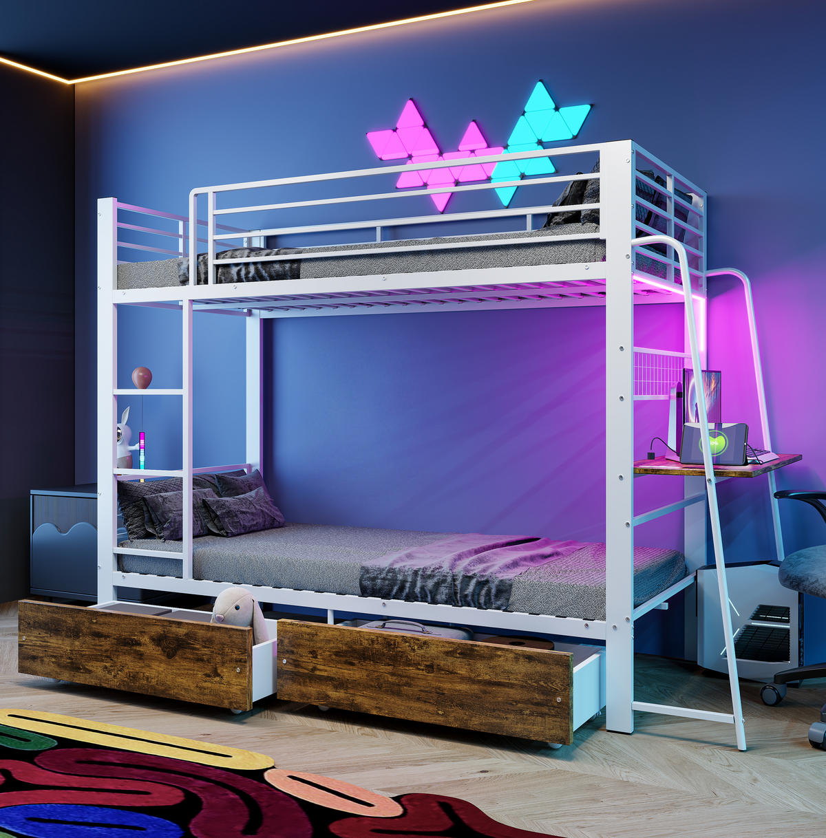 ETAGENBETT 90/200 cm DE-33081 mit Schreibtisch und LED Weiß - Weiß, Metall (90/200cm) - ComfortXL