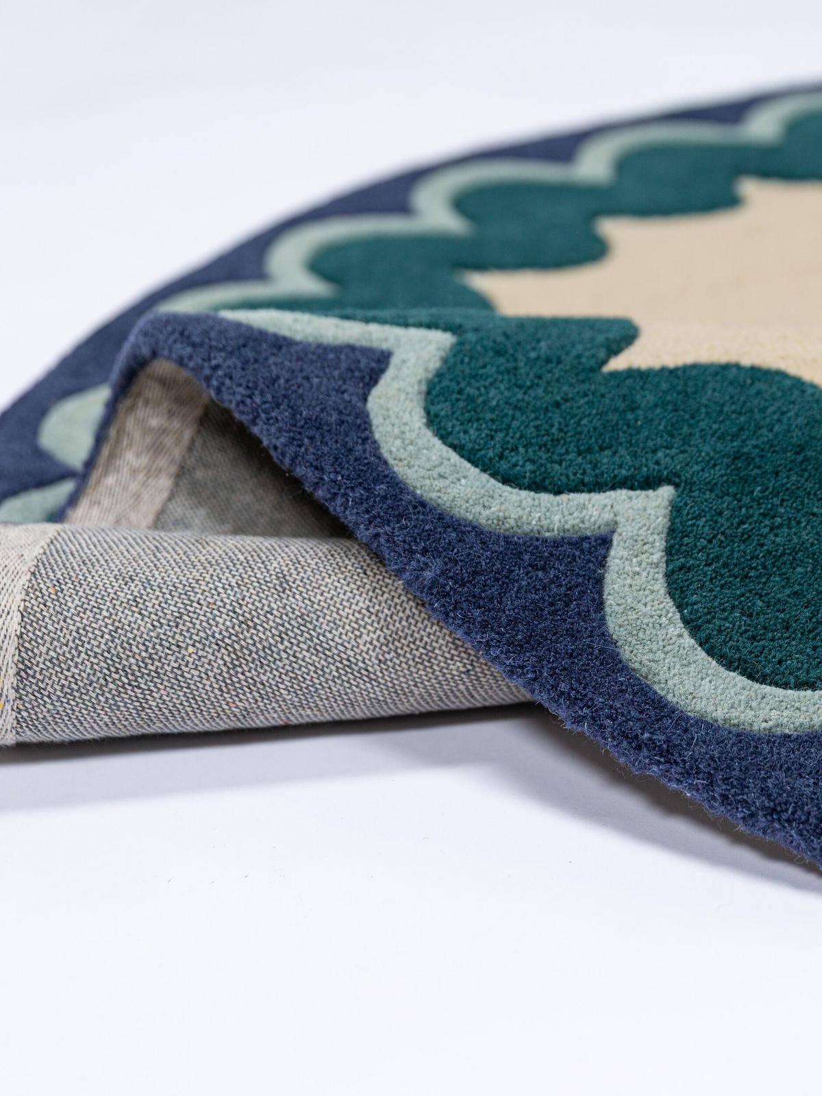 TEPPICH aus Wolle, handgetuftet, WAVENEY, in Petrol, Zickzack-Wellenbordüre, Ø 160 cm - Türkis, Textil (160/160cm) - KADIMA DESIGN