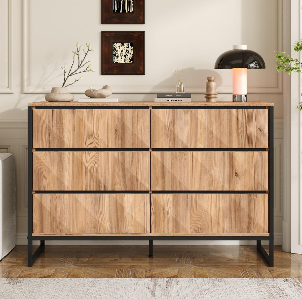 SIDEBOARD mit 6 Schubladen, Schwarz und Holz mit Metallgestell und verdeckten Griffleisten, 120/40/80 cm,Naturfarben - Naturfarben, Holzwerkstoff (120/80/40cm) - Redom