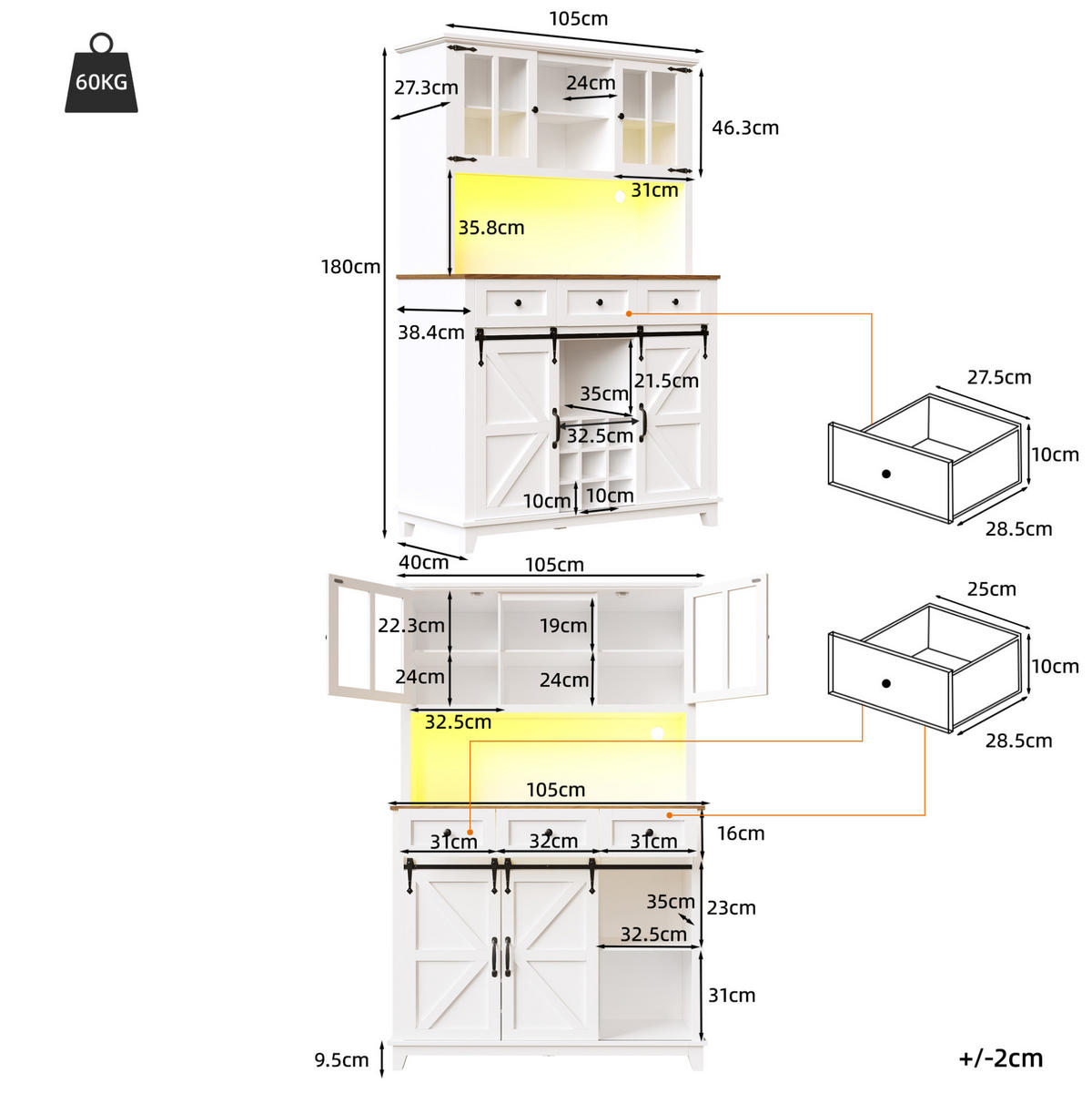 BUFFET 105/38,4/180 cm aus MDF mit LED-Beleuchtung und Schiebetür im Scheunenlook Weiß - Weiß, Holzwerkstoff (105/180/38.4cm) - Modenvie