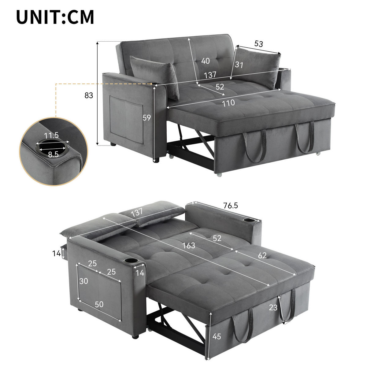 SCHLAFSOFA Samt mit Schlaffunktion und Getränkehaltern Grau 137/76,5/83 cm - Grau, Textil (83/137/76.5cm) - Redom