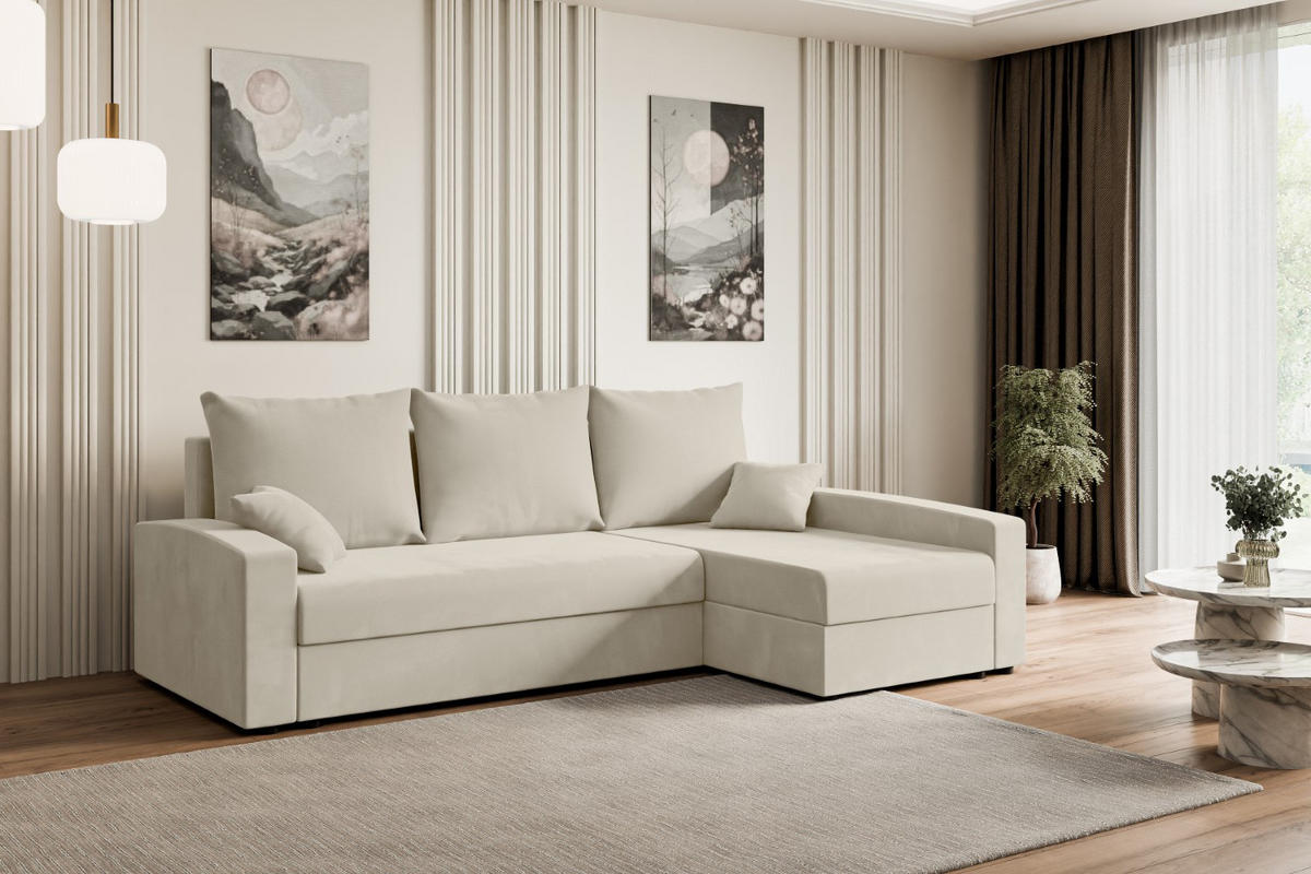 ECKSOFA mit Schlaffunktion und Bettkasten ALESIA-L 231x140x90 cm Beige Velours - Beige/Silberfarben, Holzwerkstoff/Kunststoff (231/140cm) - ALTDECOR