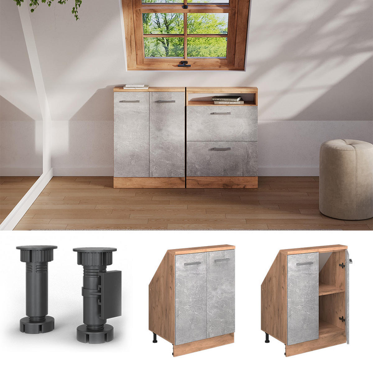 KUCHYŇSKÁ SKŘÍŇKA POD ŠIKMOU STŘECHU R-Line Beton/zlatý dub - šedá/medově dubová, kompozitní dřevo (60/81.6/46cm) - Vicco