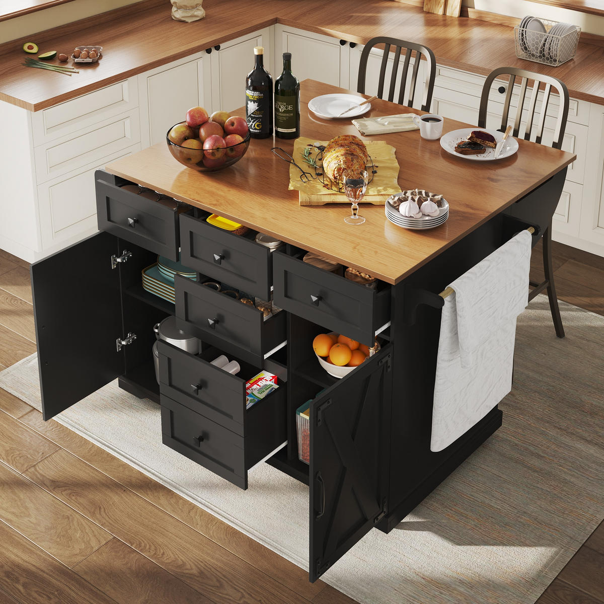 KÜCHENINSEL Servierwagen Holzmaserung Stauraum Schwarz - Schwarz, Metall (147/93/44cm) - FLIEKS