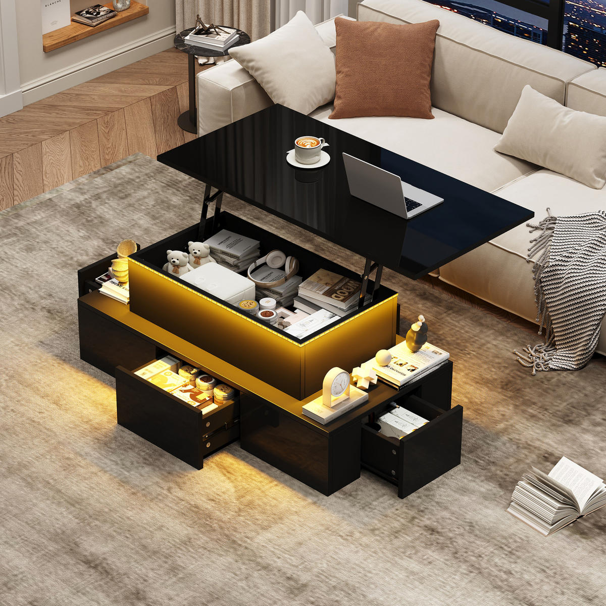 COUCHTISCH 100/50/40 cm mit Liftfunktion, LED, 4 Schubladen und verstecktem Stauraum, Schwarz - Eichefarben, Holzwerkstoff (100/50/40cm) - Modfu