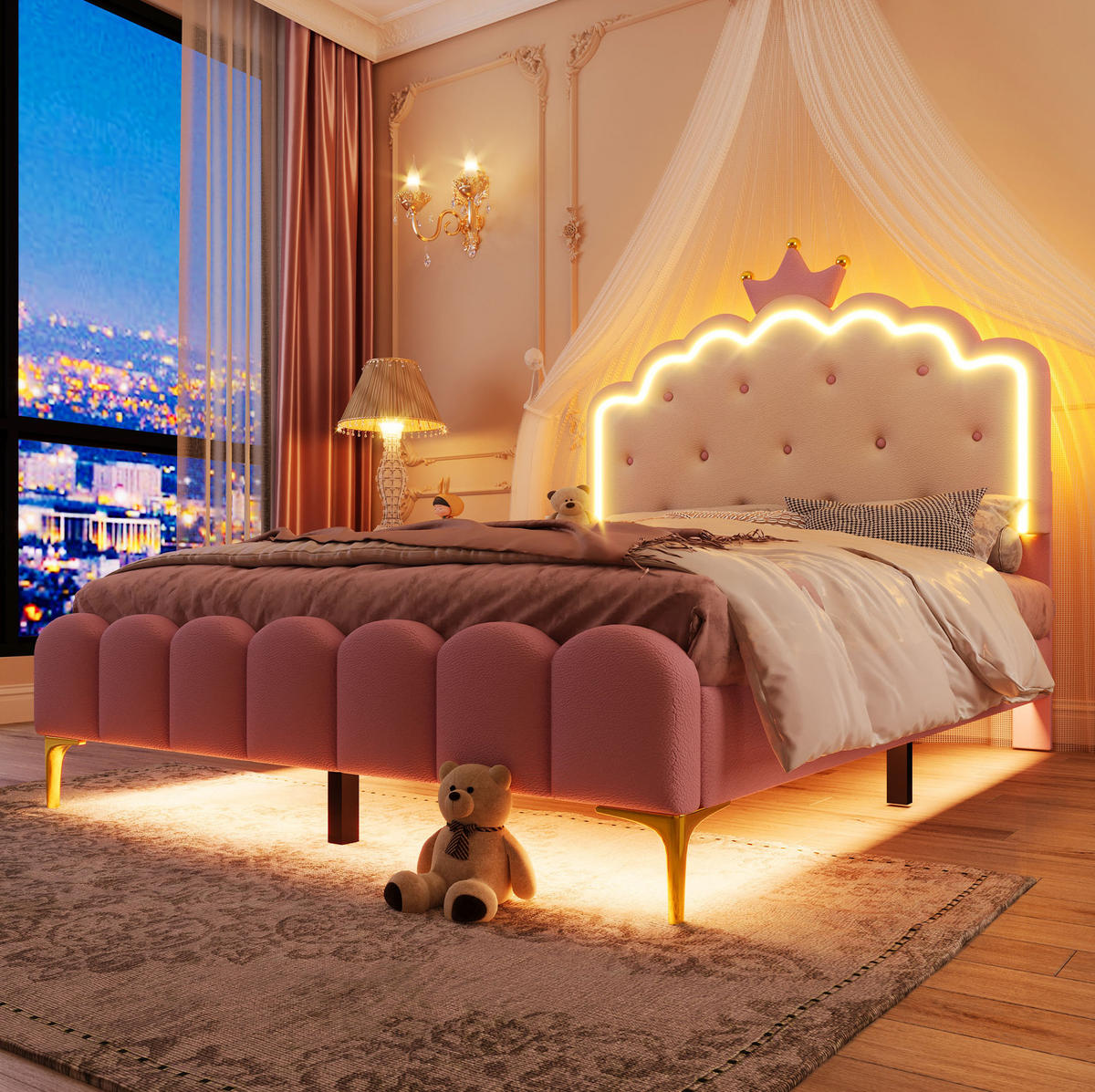 POLSTERBETT 140x200 cm PU Rosa mit Lattenrost und LED - Pink, Holz (140/200cm) - Meubliv