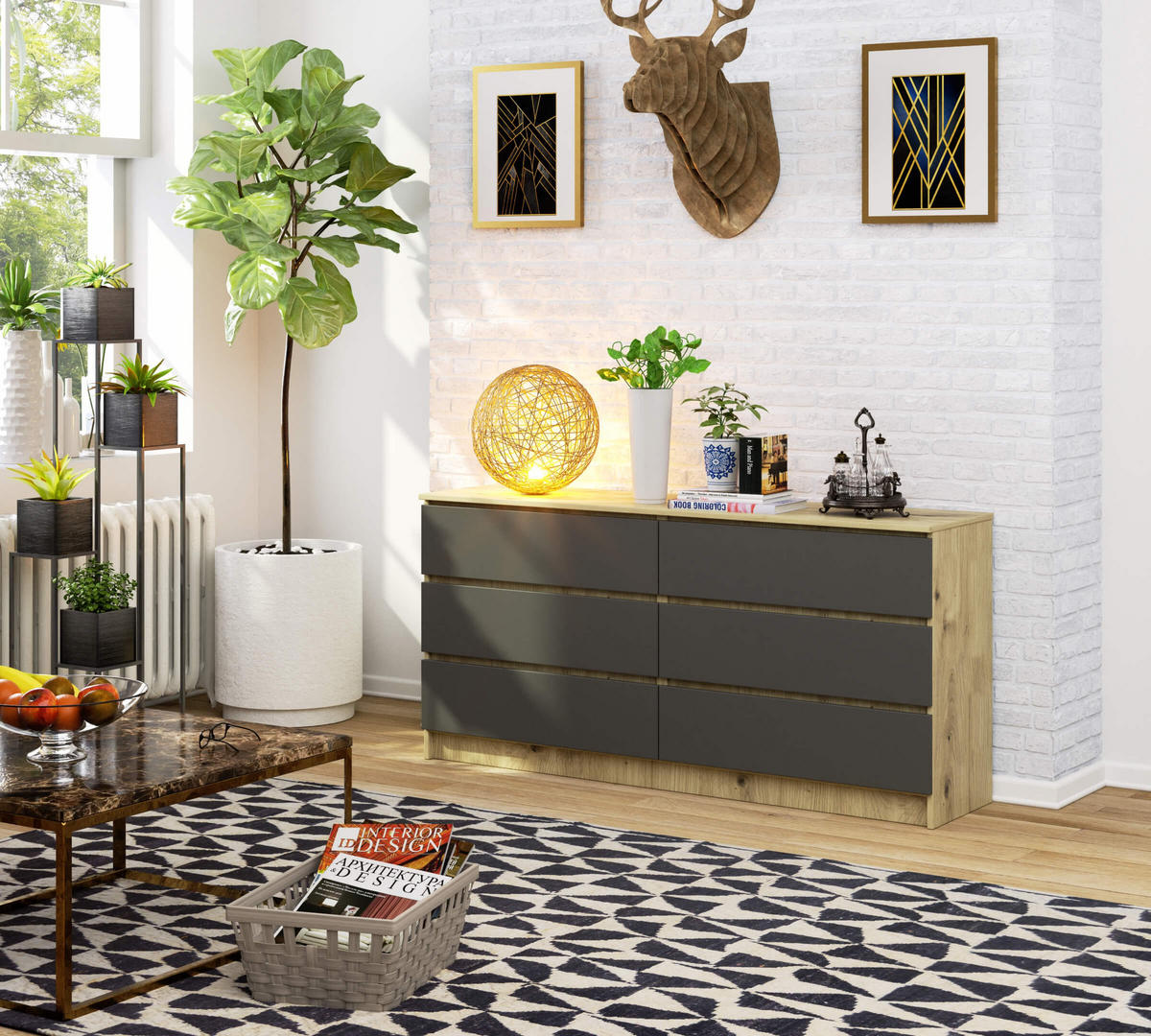 KOMMODE Eiche Artisan, Graphit Grau 77/160/40 - Eiche Artisan, Holzwerkstoff (160/77/40cm) - RAUMHIRSCH FURNITURE