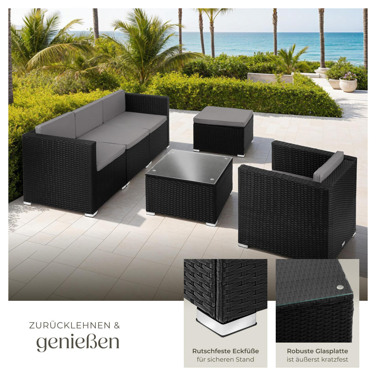 RATTANLOUNGE Lignano,variabel aufstellbar,schwarz - Schwarz, Kunststoff - tectake