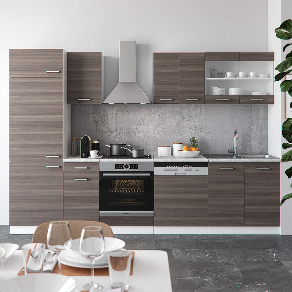 KÜCHE R-Line Edelgrau/Weiß 300 cm, AP Marmor - Braun/Weiß, Holzwerkstoff (300/81.6/60cm) - Vicco