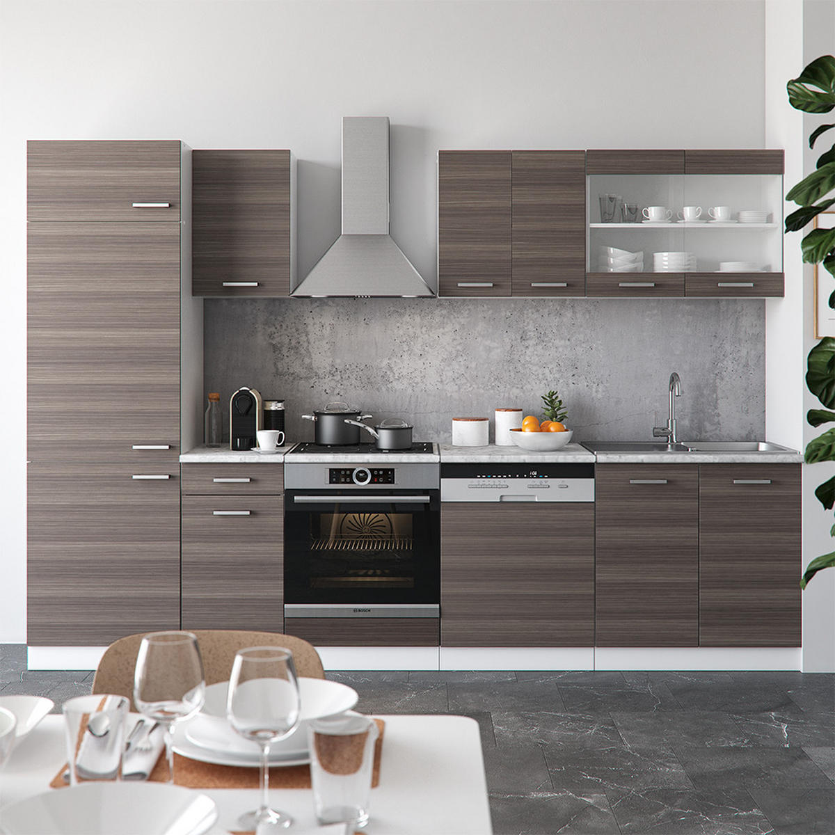 KÜCHE R-Line Edelgrau/Weiß 300 cm, AP Marmor - Braun/Weiß, Holzwerkstoff (300/81.6/60cm) - Vicco
