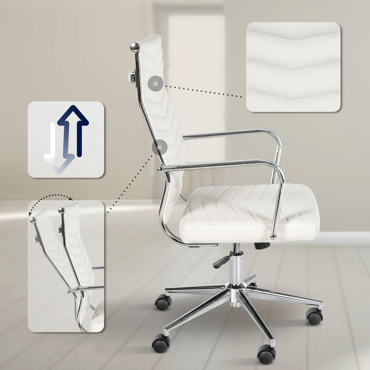 DREHSTUHL Lederlook Weiß - Chromfarben/Weiß, Textil/Metall (57/100/60cm) - CLP