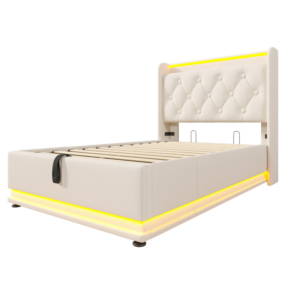 POLSTERBETT 90/200 cm mit LED-Beleuchtung, USB-C, hydraulischem Bettkasten und Matratze, Weiß - Weiß, Kunststoff (90/200cm) - Redom