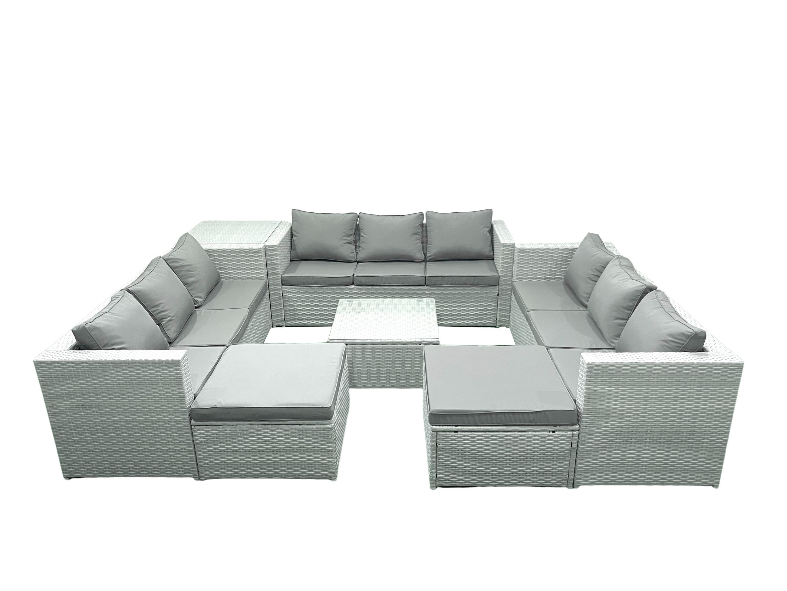 GARTENMÖBELSET mit 3-SITZER SOFA,COUCHTISCH Polyrattan Hellgrau-Mix 11-Sitzer - Hellgrau/Grau, Glas/Kunststoff - Fimous