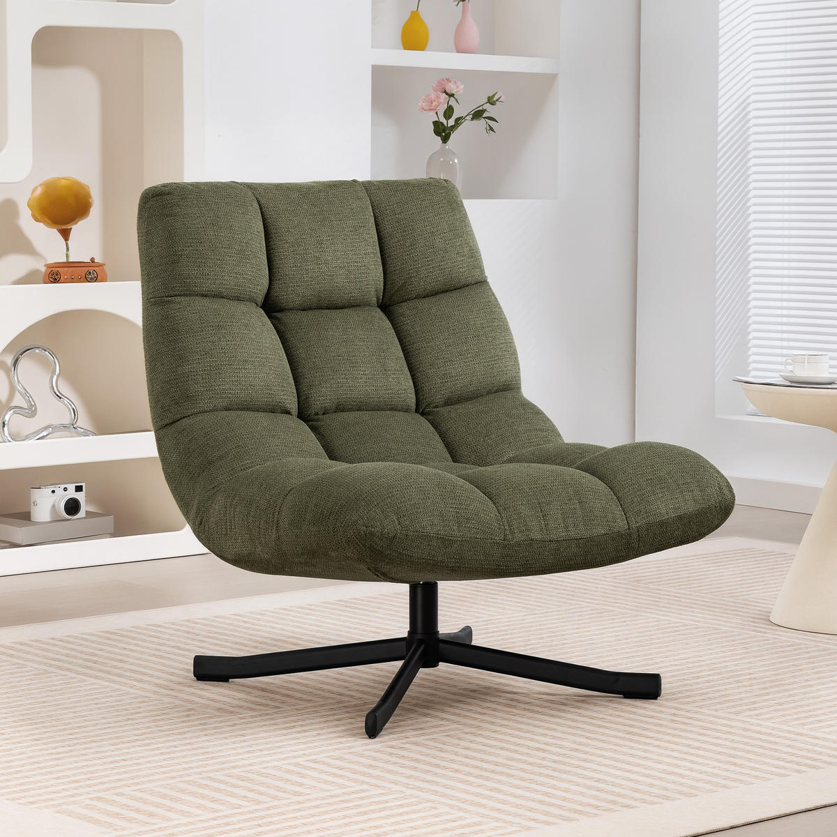 RELAXSESSEL Drehbar mit breiter Sitzfläche Chenille-Optik Grün - Schwarz/Grün, Textil/Metall (75/90/95cm) - HOMCOM