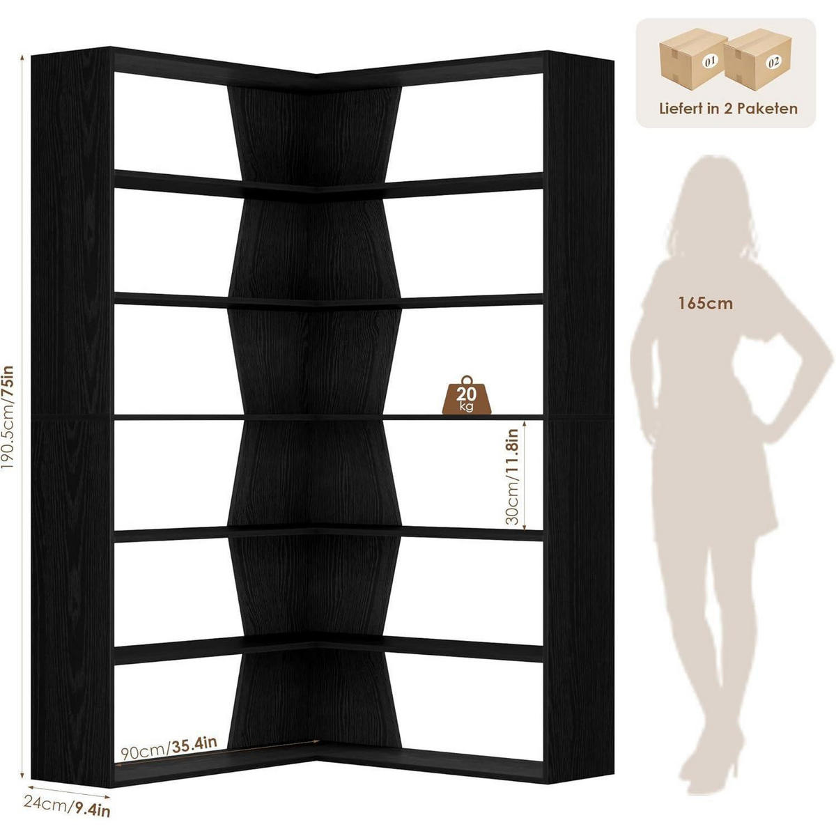 ECKREGAL 190 cm schwarz 6 Ebenen - Schwarz, Holzwerkstoff (90/190.5/90cm)