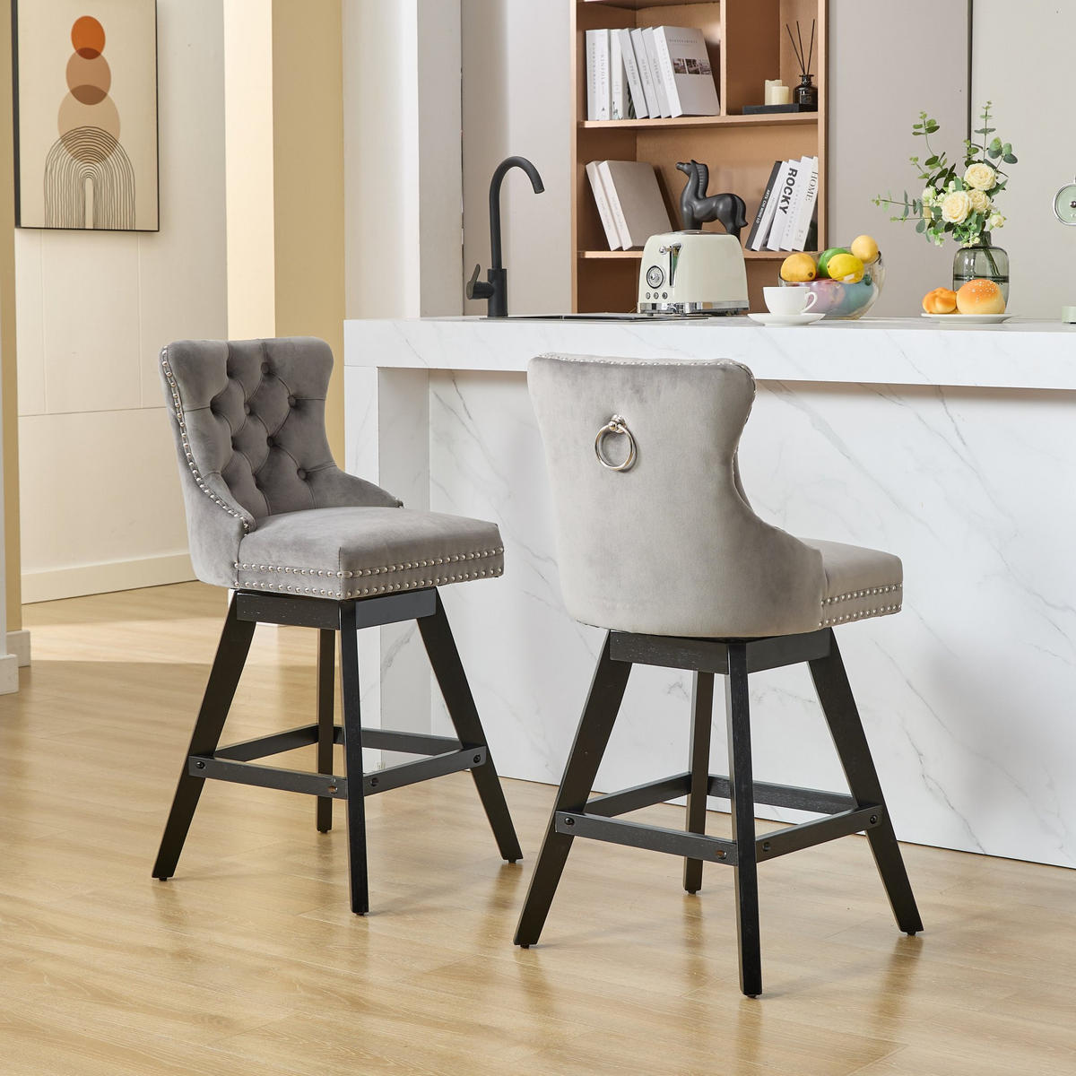 BARHOCKER 2er-Set Grau mit Samtbezug, Rückenlehne und 360° Drehfunktion - Grau, Textil (55/97.5/44.5cm) - PANGIVO