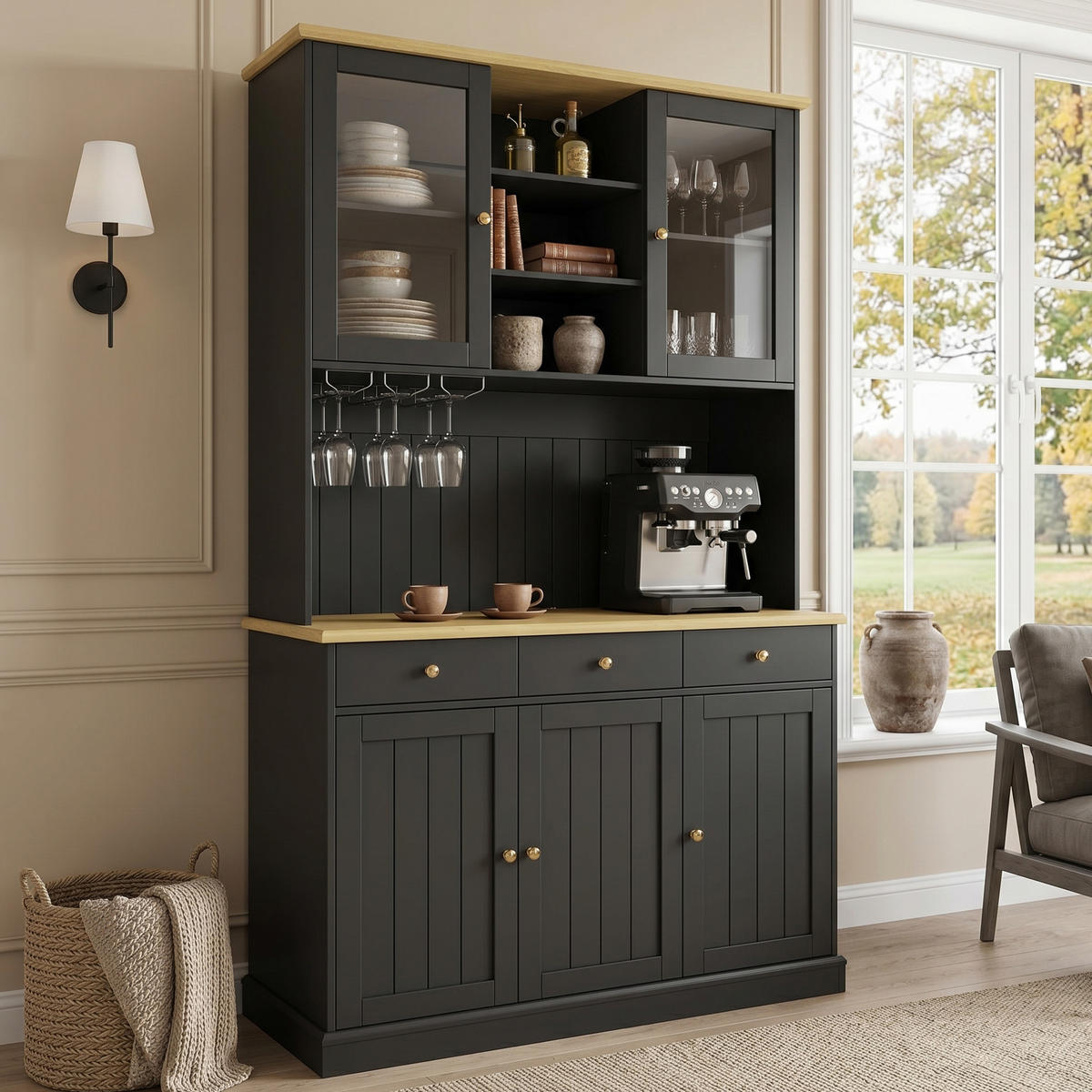 BUFFETSCHRANK 120x40x191 cm, Glastüren, Gläserhalter, 2 Steckdosen, USB-A/USB-C-Anschlüsse, Schwarz - Schwarz, Holzwerkstoff (120/191/40cm) - FOHERE