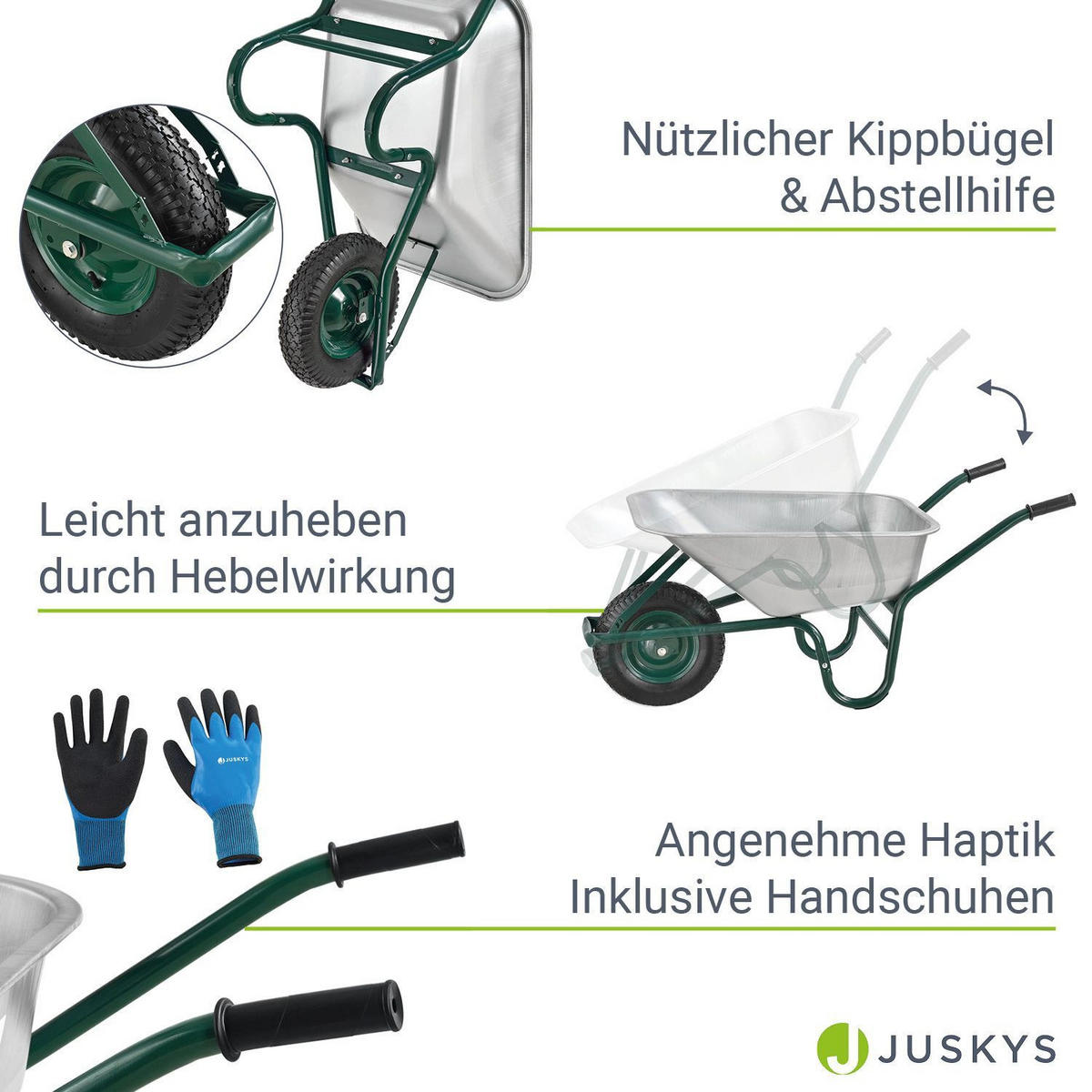 SCHUBKARRE Garden silber 100L mit Handschuhen - Silberfarben, Metall (59/62/141cm) - Juskys