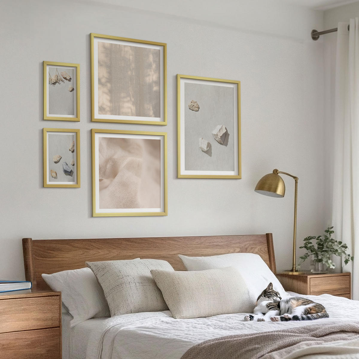 WANDBILDER 5er Set - 50x50 cm & 20x30 cm & 40x60 cm Goldrahmen - Boho-Stranddekorationen aus Steinen - Goldfarben, Kunststoff (40/60cm) - ArtPrintCave