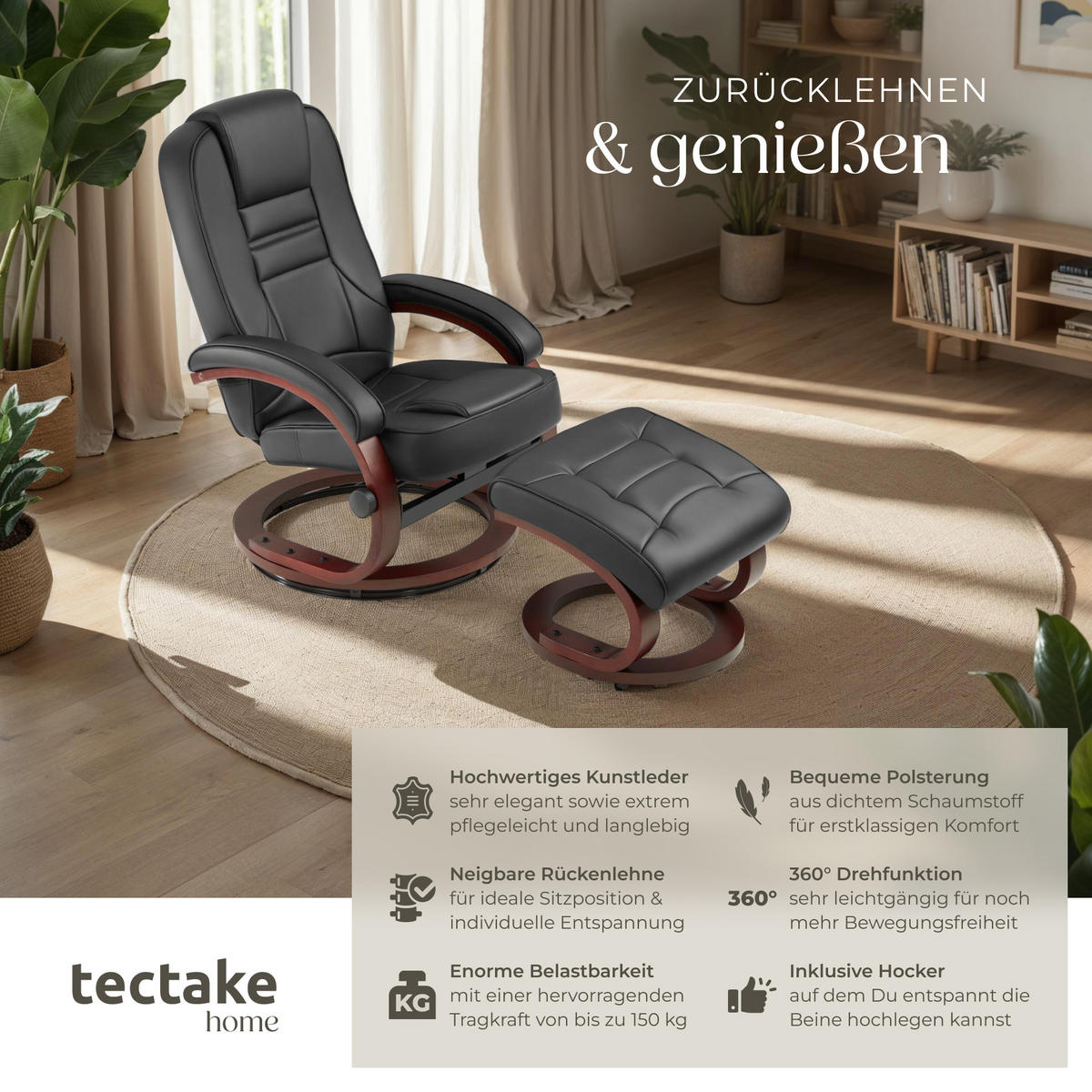 FERNSEHSESSEL Willy,Belastbarkeit 150 kg,schwarz/braun - Schwarz/Braun, Textil (68/102/109cm) - tectake