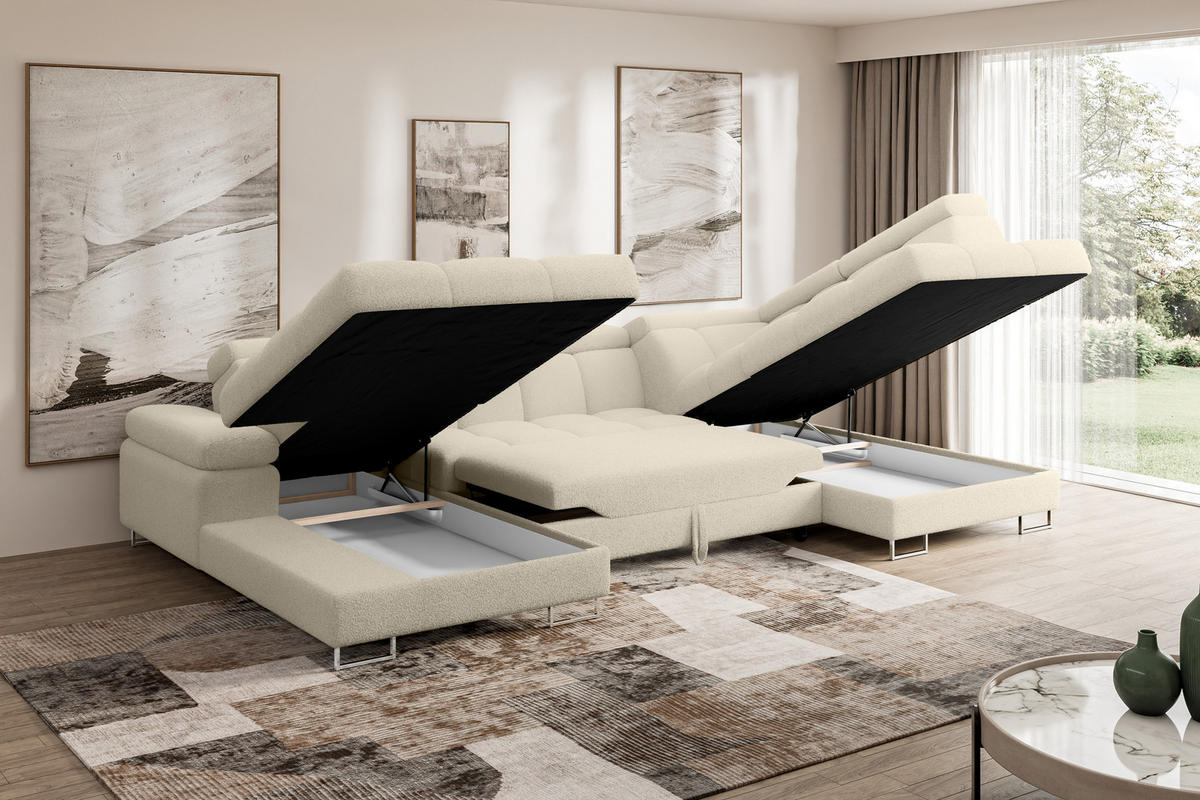 WOHNLANDSCHAFT mit Schlaffunktion und Bettkasten Ottomane RECHTS COMA U 345x203x79 Beige Bouclé - Sandfarben, Holzwerkstoff/Textil (203/79/345cm) - ALTDECOR